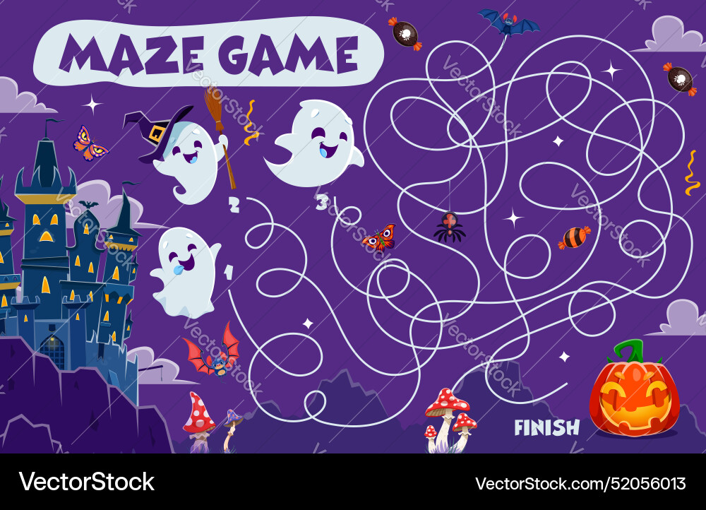 Halloween labyrinth maze game with cute ghosts Halloween labyrinth maze game with cute ghosts vector image