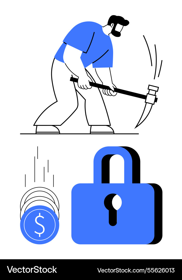 Miner extracting digital currency with pickaxe Miner extracting digital currency with pickaxe vector image