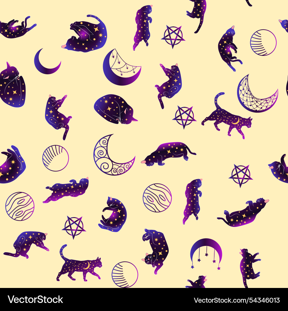 Mystical seamless pattern of cats in boho style Mystical seamless pattern of cats in boho style Vector Image