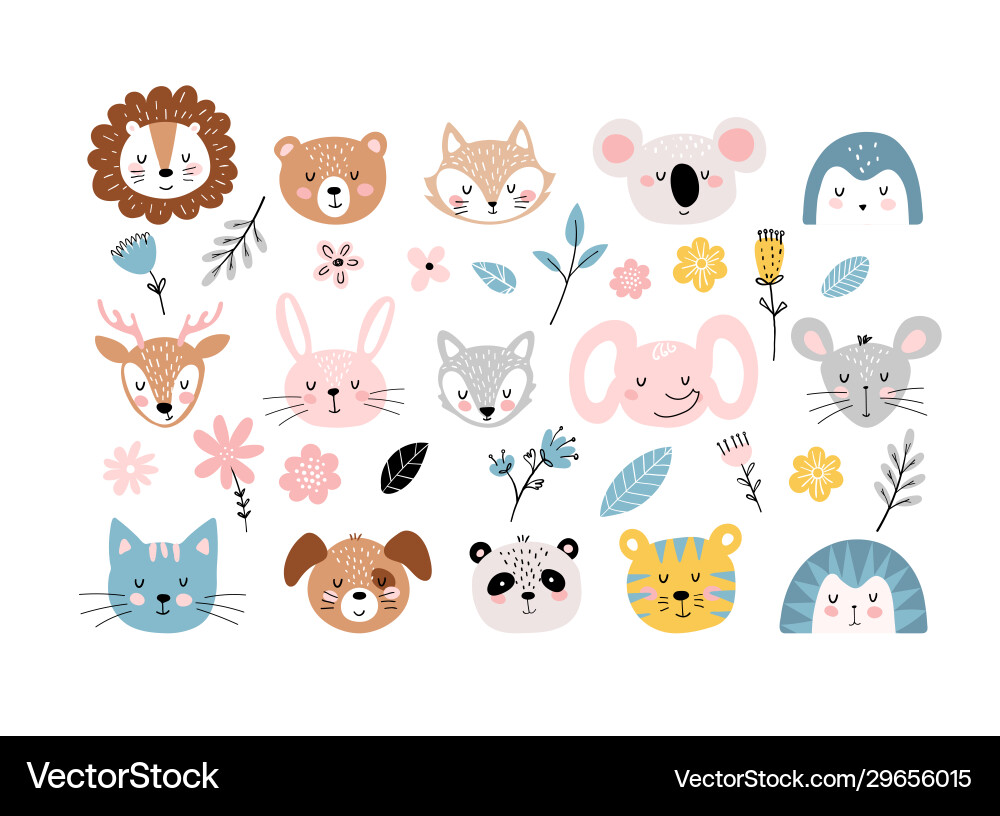 Banner with cute baby animals faces and flowers Banner with cute baby animals faces and flowers vector image