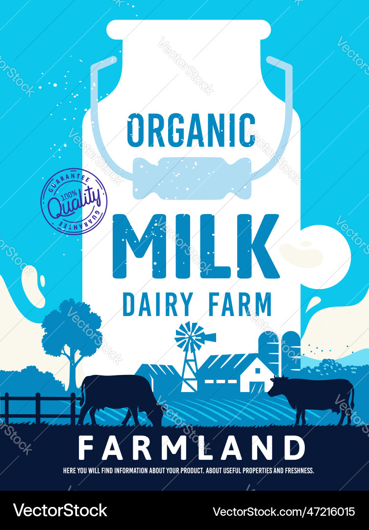 Blue milk can container with text and cows Blue milk can container with text and cows vector image