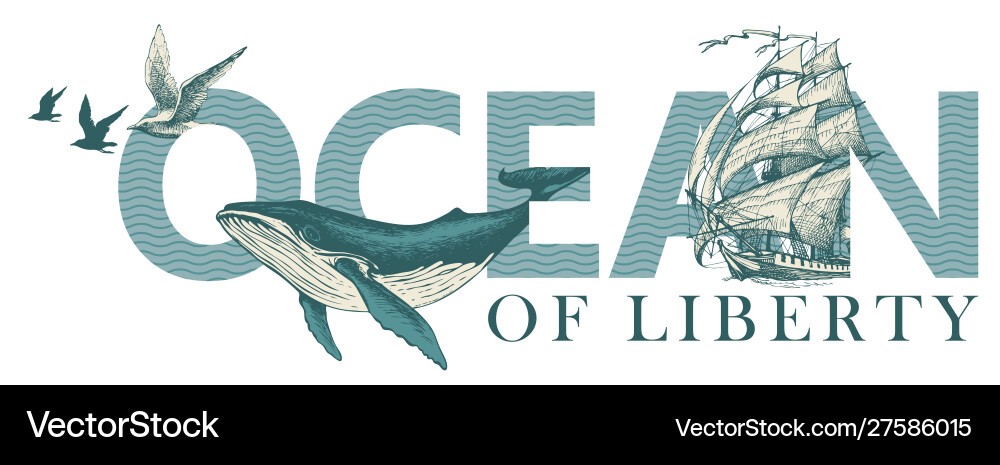 Lettering ocean with a big hand-drawn whale Vector Image