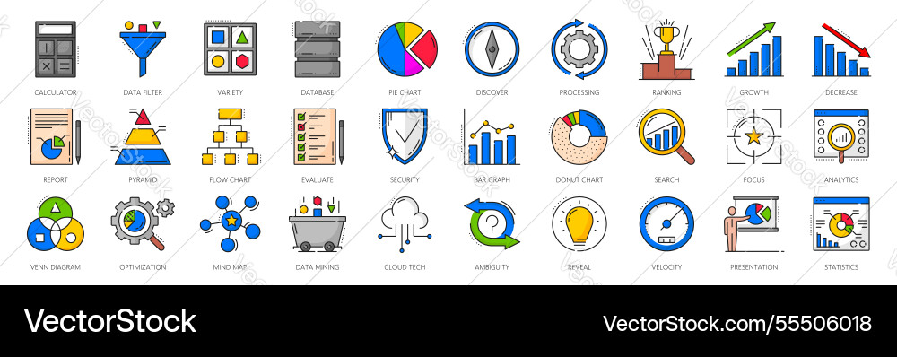 Color outline data analytics and analysis icons Color outline data analytics and analysis icons vector image