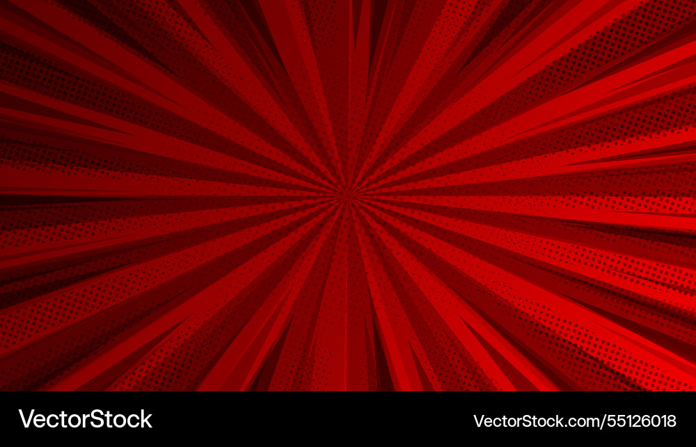Red background with rays and halftone dots Vector Image
