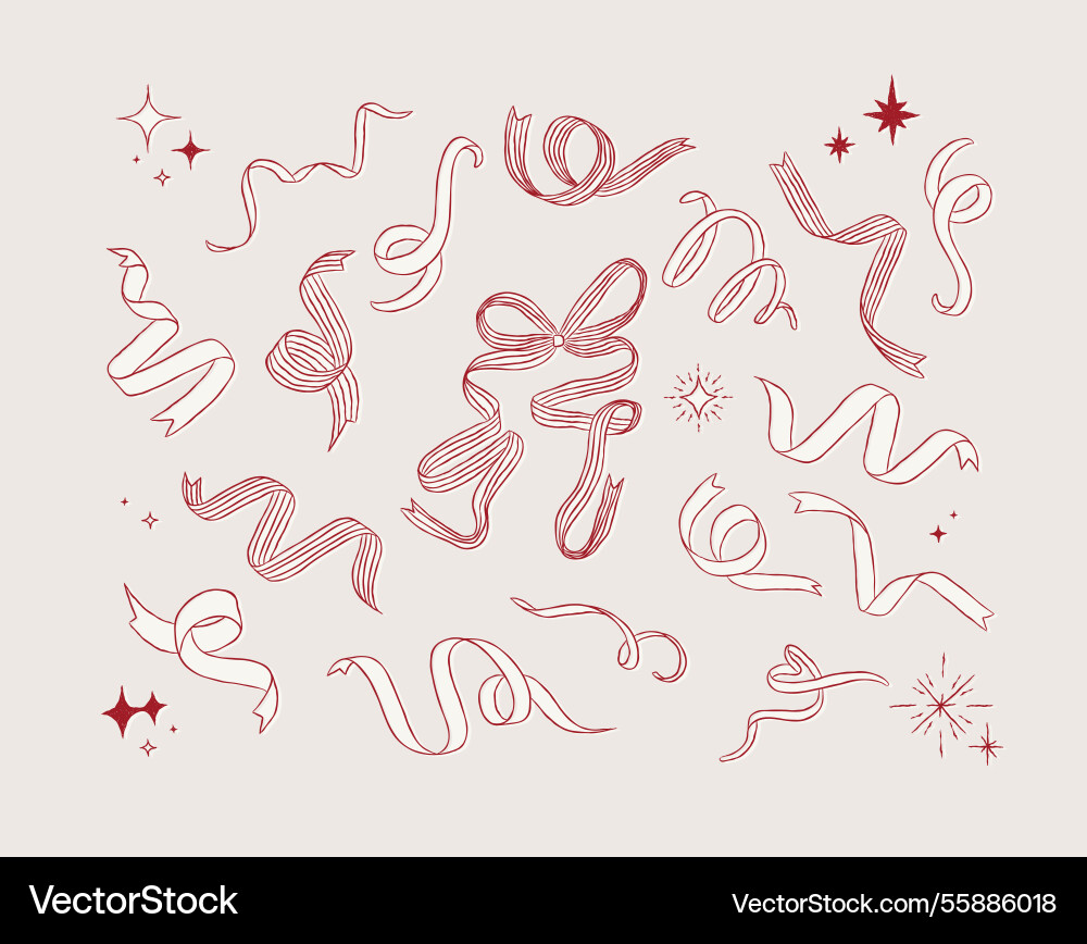 Ribbon variety collection with swirl and stars red Vector Image