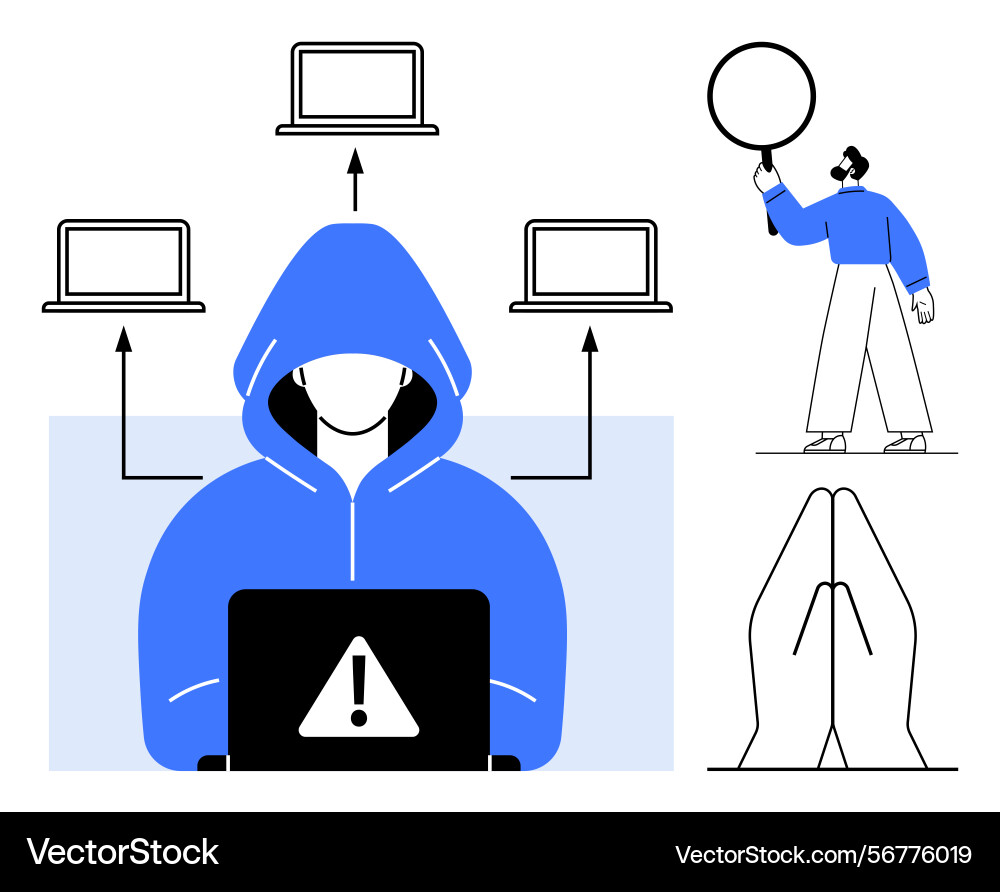 Cybersecurity threats featuring hacker with alert vector image
