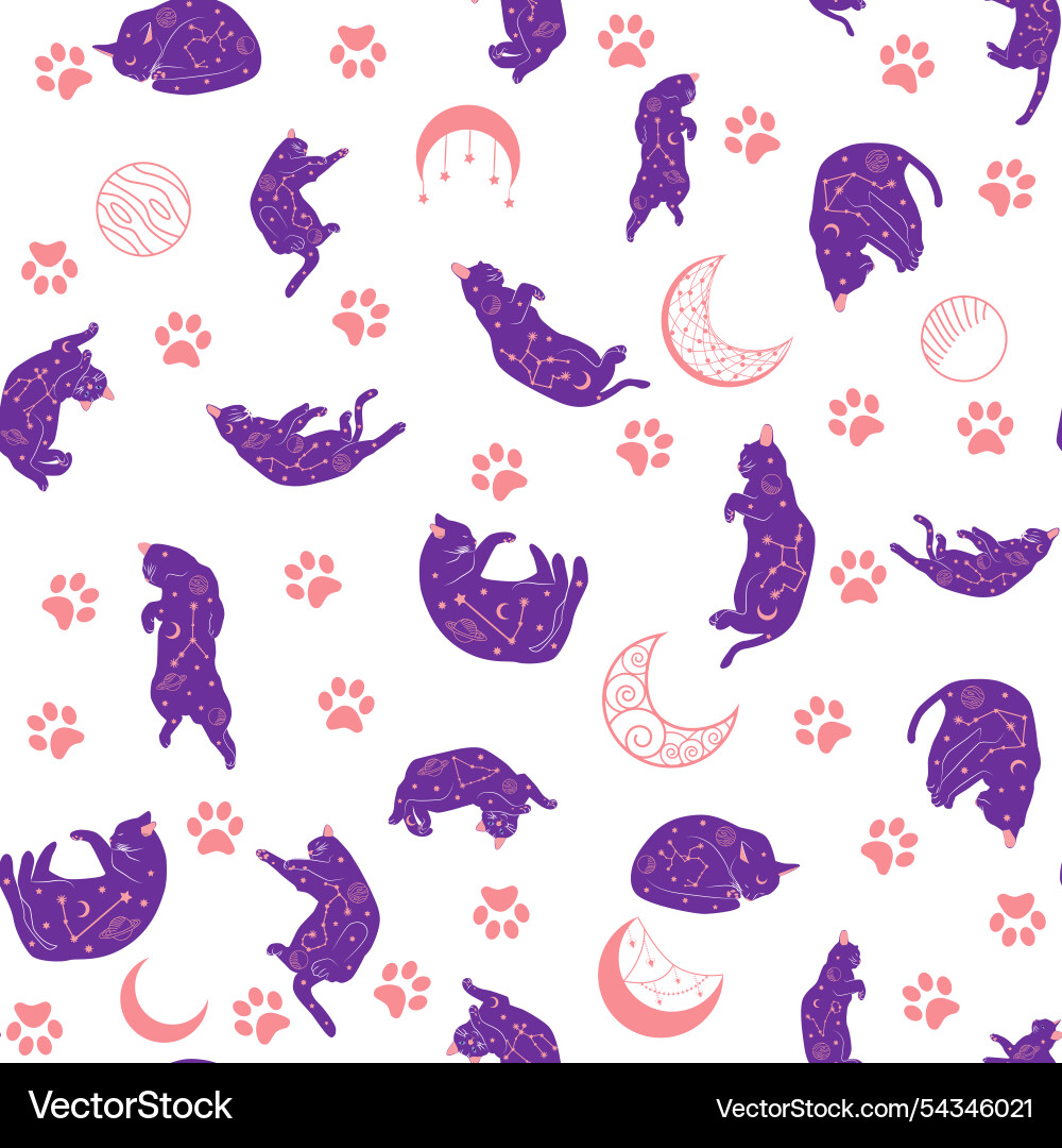 Mystical seamless pattern of cats in boho style Mystical seamless pattern of cats in boho style vector image