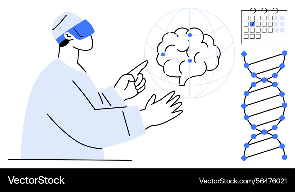 Scientist interacting with brain data and dna Scientist interacting with brain data and dna vector image