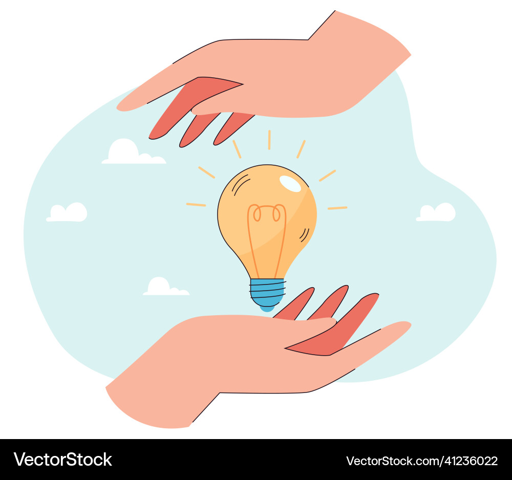 Lightbulb between huge hands as symbol of new idea vector image