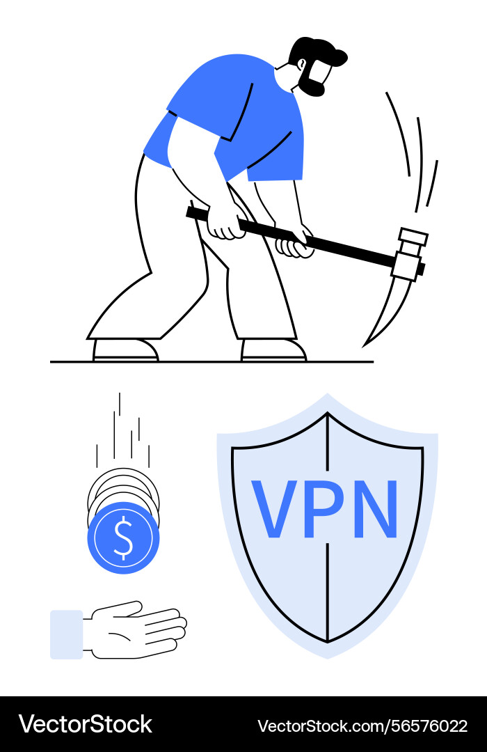 Man mining cryptocurrency with pickaxe vpn shield Man mining cryptocurrency with pickaxe vpn shield vector image