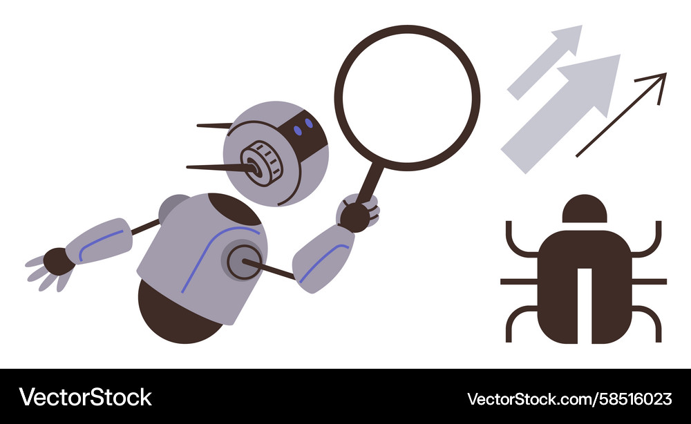 Robot Analyzing Bug with Magnifying Glass Vector Image