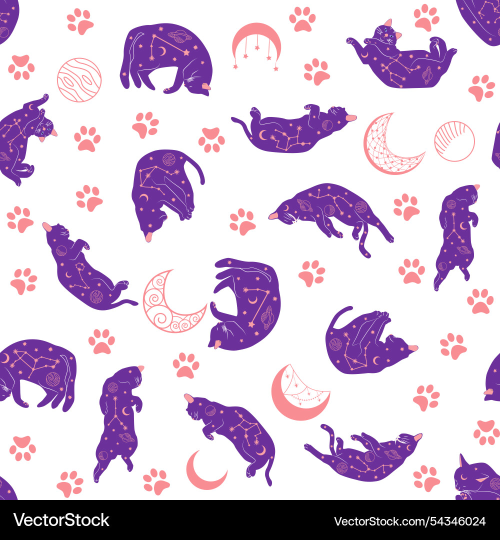 Mystical seamless pattern of cats in boho style Mystical seamless pattern of cats in boho style vector image