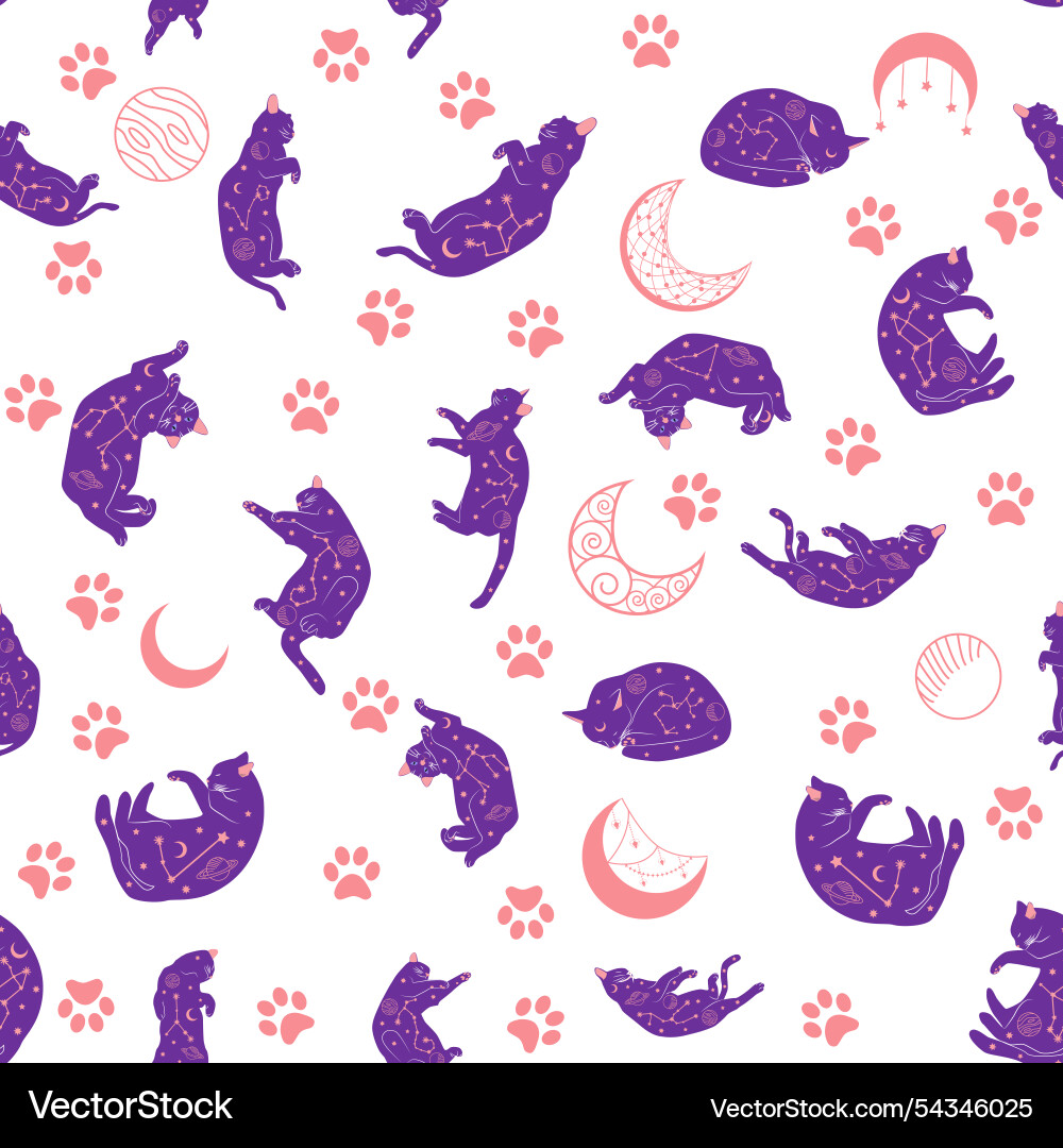 Mystical seamless pattern of cats in boho style Mystical seamless pattern of cats in boho style vector image