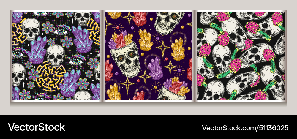 Psychedelic patterns with gems skull crystals Psychedelic patterns with gems skull crystals vector image