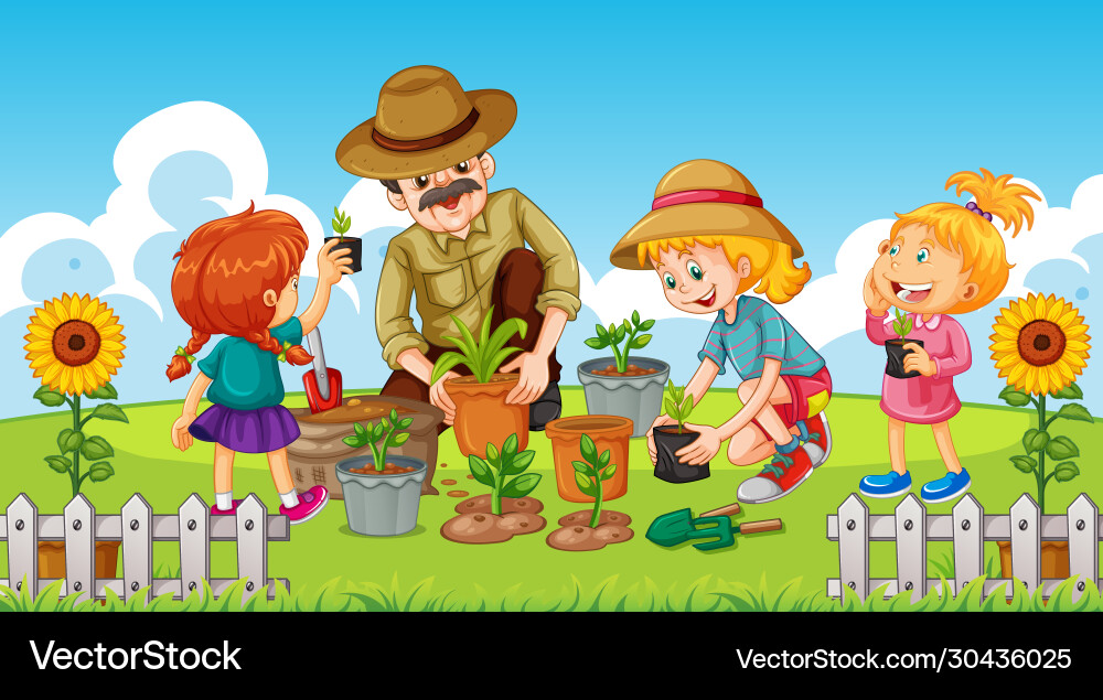 Scene with kid planting trees in garden Scene with kid planting trees in garden vector image