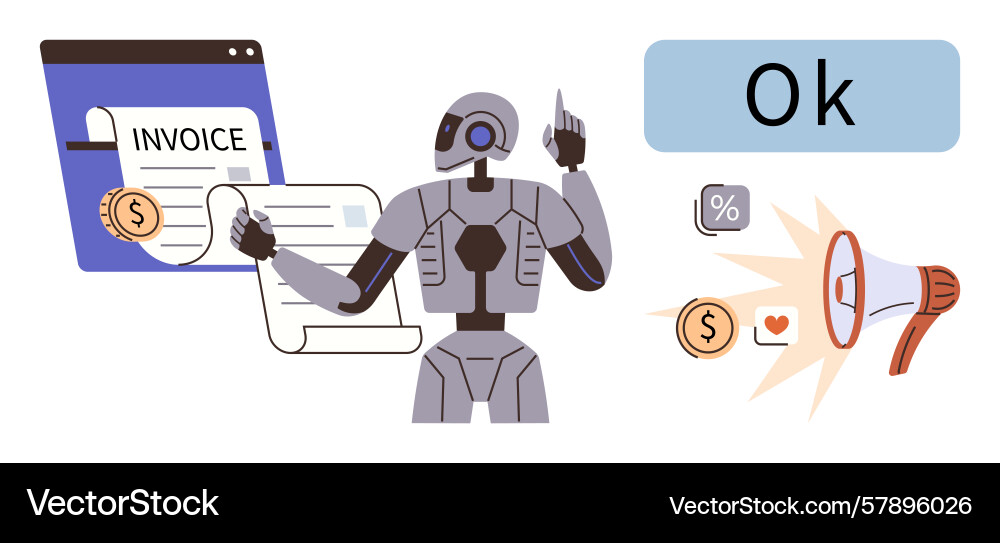 Ai robot automating invoices and marketing tasks Ai robot automating invoices and marketing tasks Vector Image