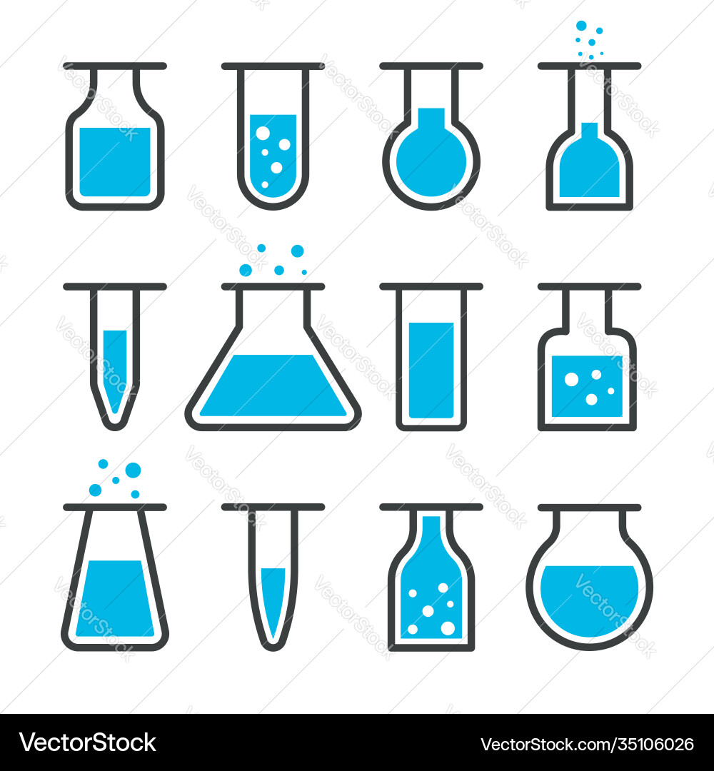 Lab icon science test in tube beaker and flask Lab icon science test in tube beaker and flask Vector Image