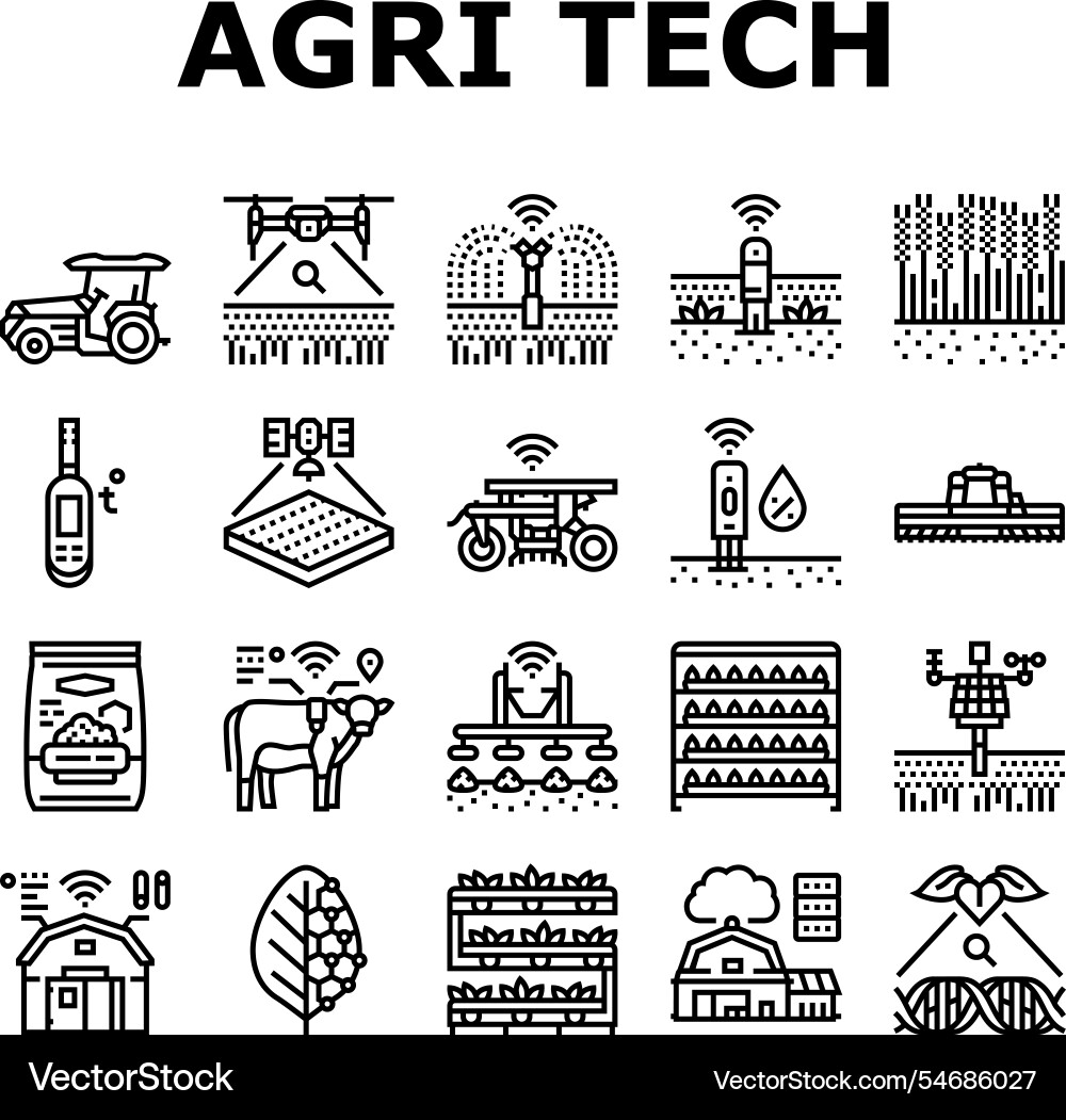 Agri tech precision drones iot icons set Agri tech precision drones iot icons set vector image