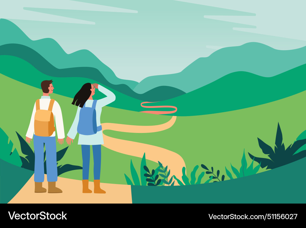 In flat simple style - tourists and landscape vector image