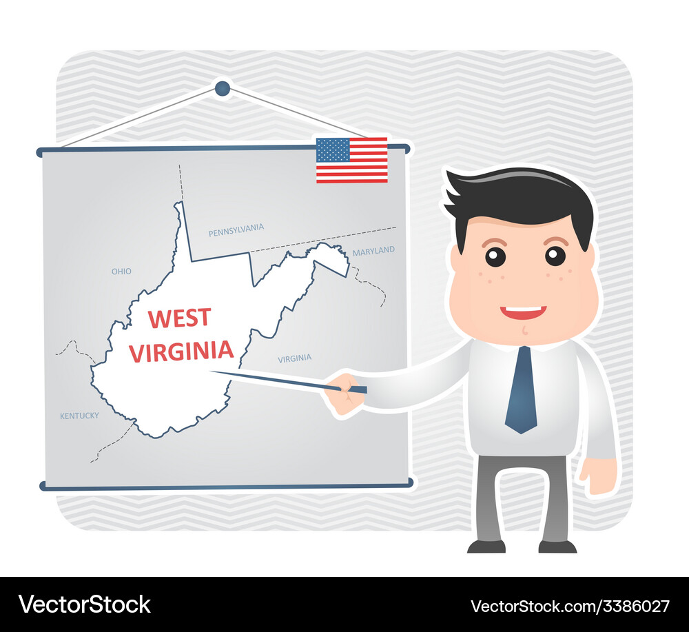 Man with a pointer points to map of west virginia Vector Image