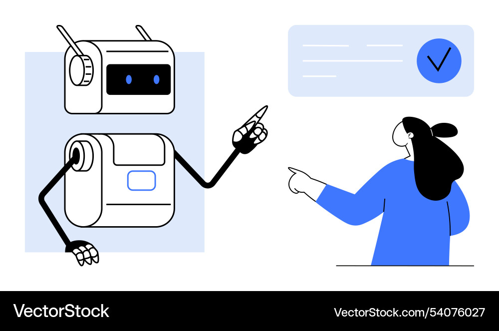 Robot pointing at checklist with human assisting Robot pointing at checklist with human assisting vector image