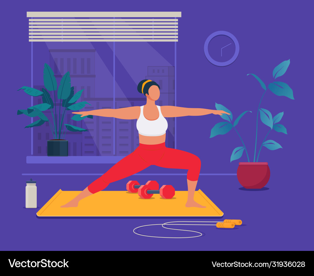 Weiblicher Cartoon Charakter macht Fitness zu Hause Weiblicher Cartoon Charakter macht Fitness zu Hause vektorbild