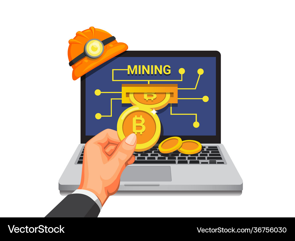 Bitcoin mining hand take coin from laptop – Royalty-Free Vector |  VectorStock