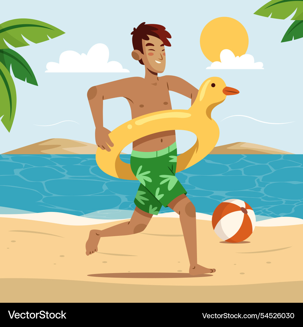 Man running on beach with duck inflatable vector image