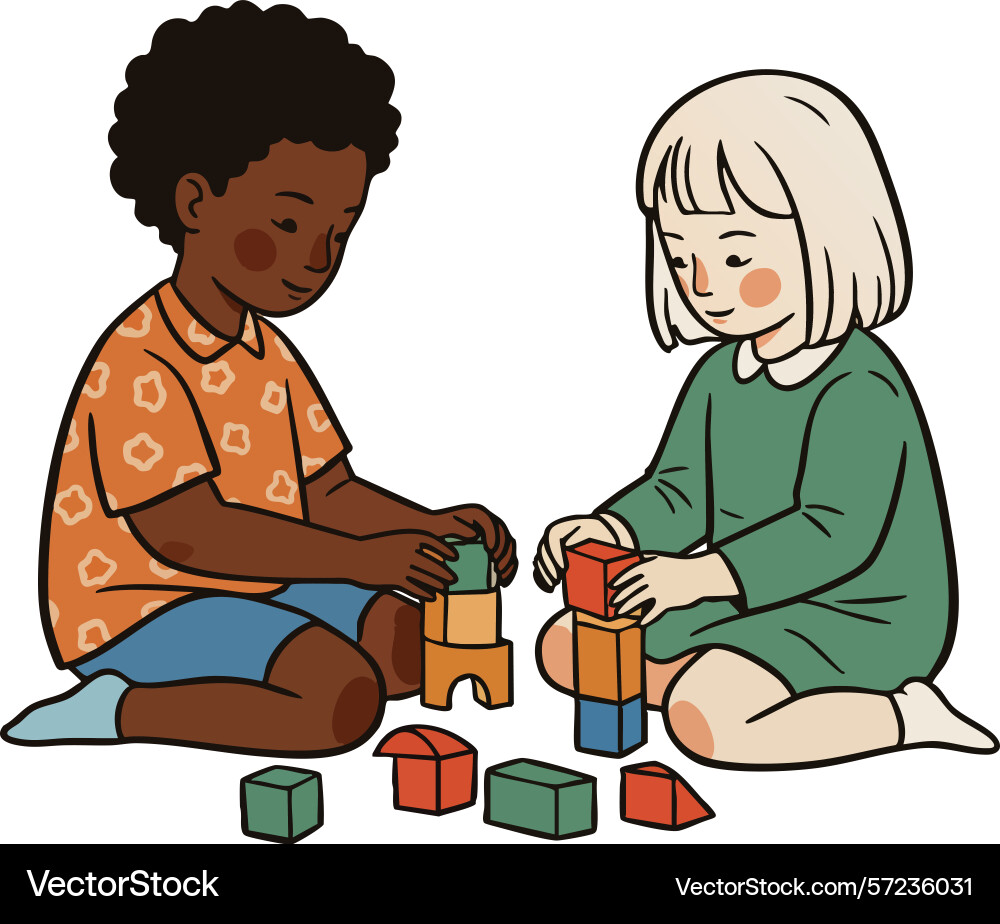 Children playing with colorful building blocks Children playing with colorful building blocks Vector Image