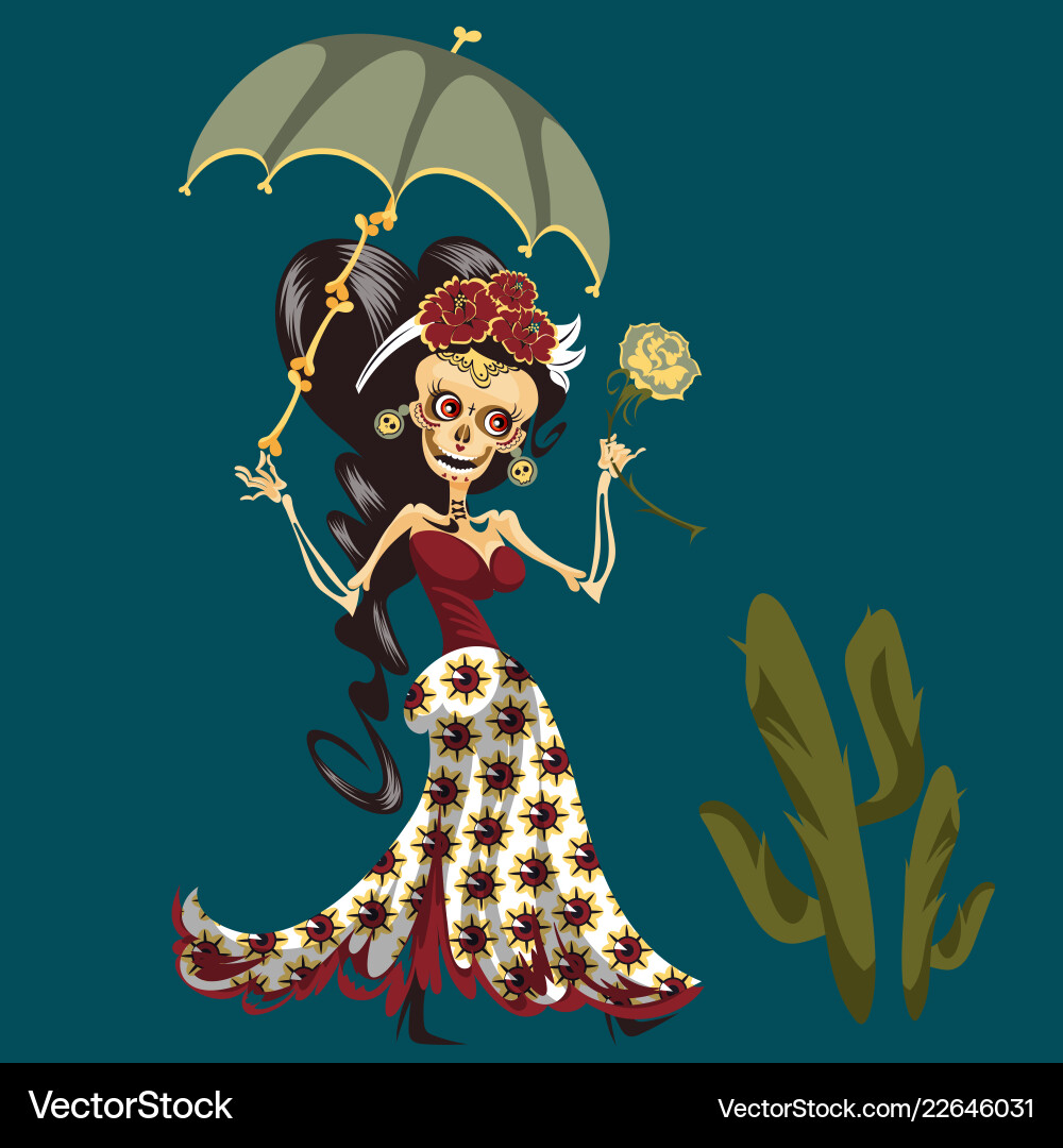 Frau Skelett im mystischen Kleid mit Regenschirm Frau Skelett im mystischen Kleid mit Regenschirm vektorbild