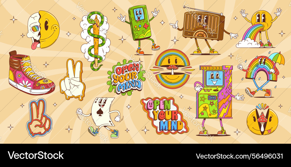 Retro hippie groovy smile characters and symbols Vector Image