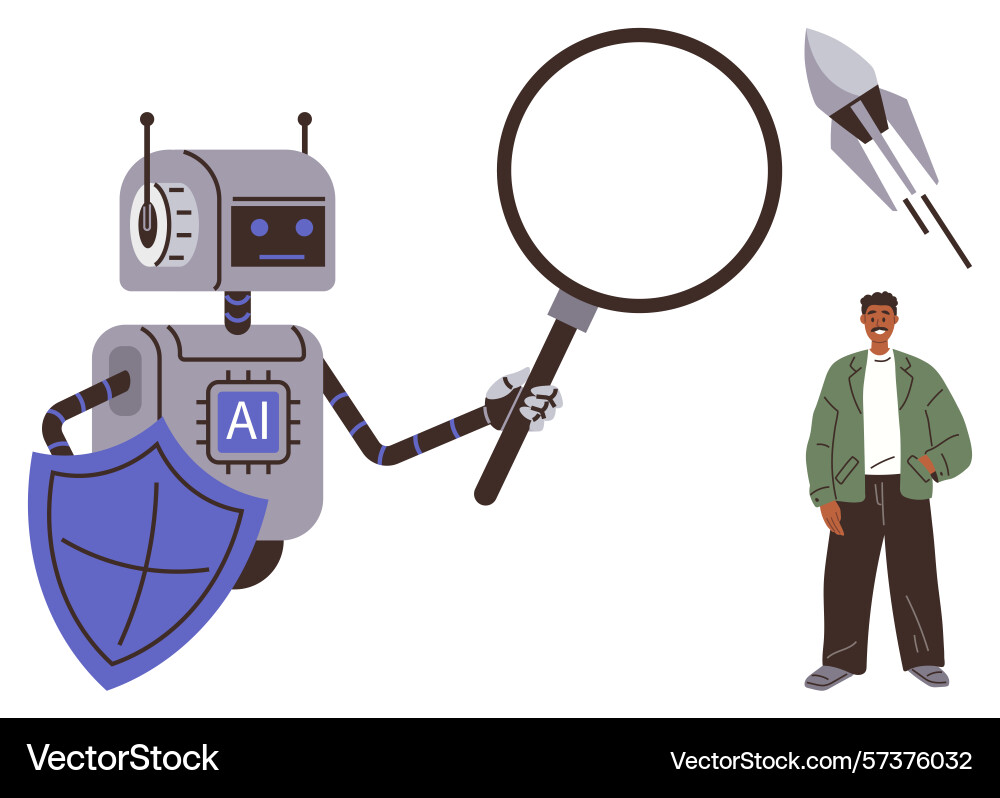 Ai robot with magnifying glass and shield Ai robot with magnifying glass and shield vector image