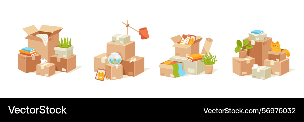Moving boxes stack cardboard box with items vector image