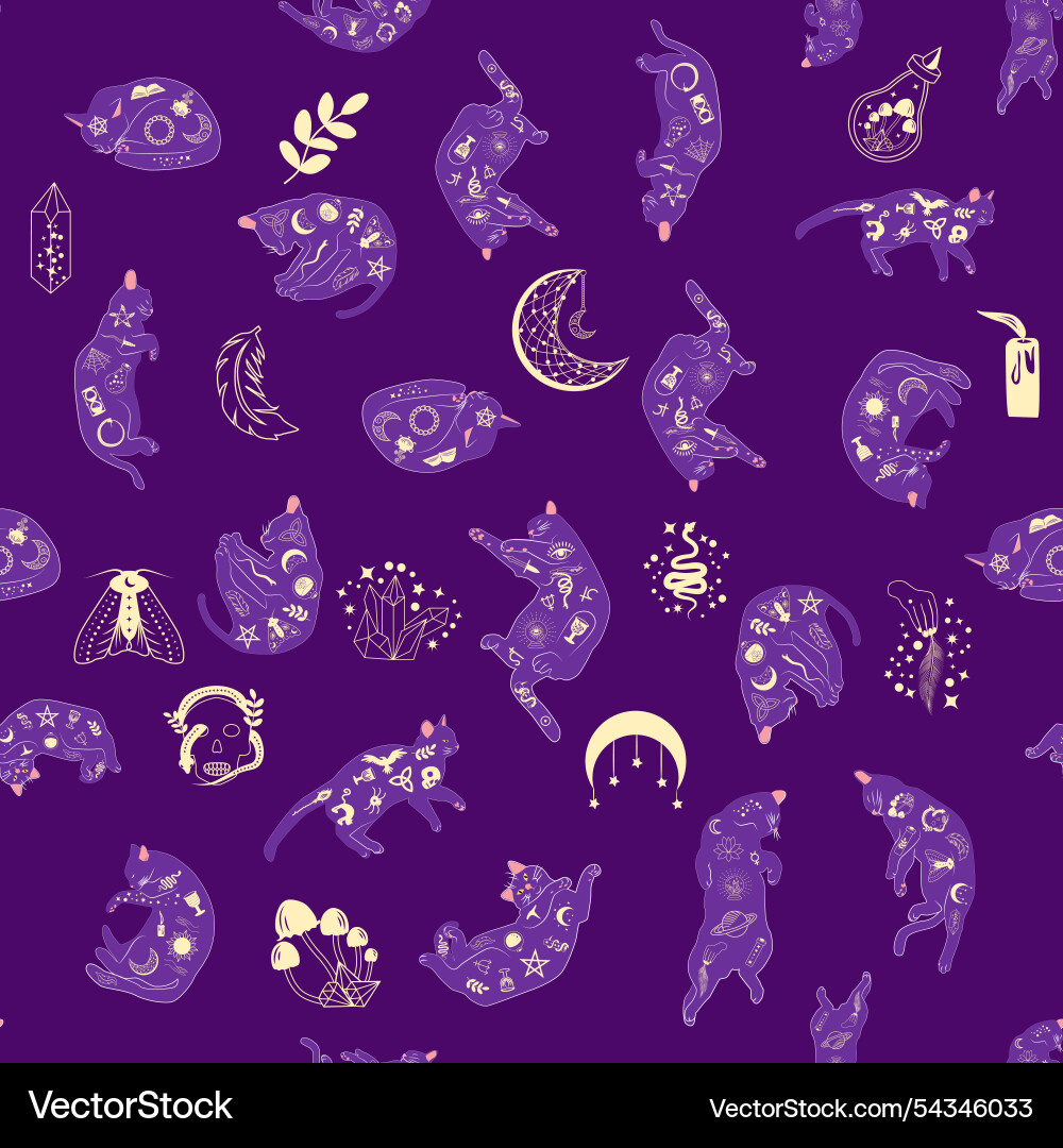 Mystical seamless pattern of cats in boho style Mystical seamless pattern of cats in boho style vector image