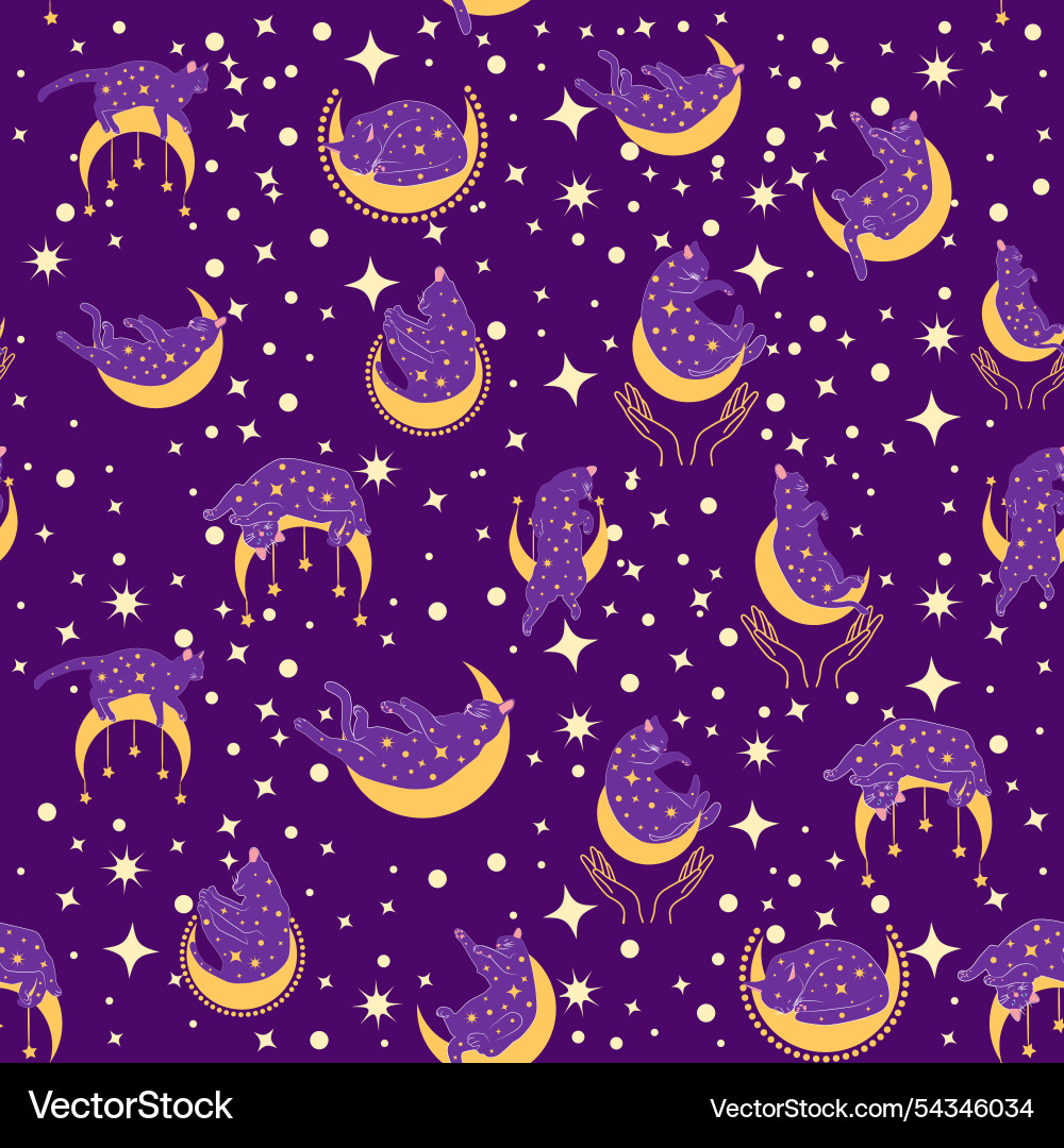 Mystical seamless pattern of cats in boho style Mystical seamless pattern of cats in boho style vector image