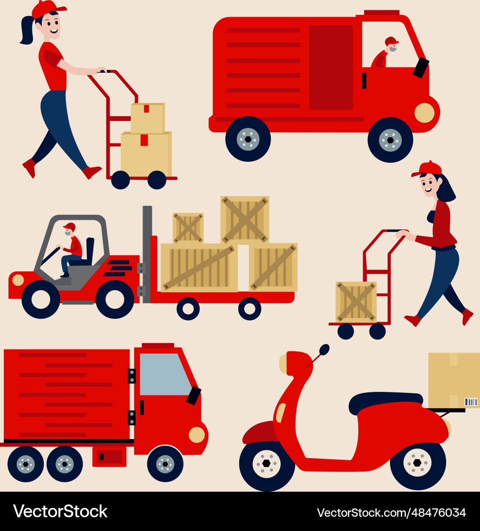 Red courier and delivery element collection Red courier and delivery element collection vector image