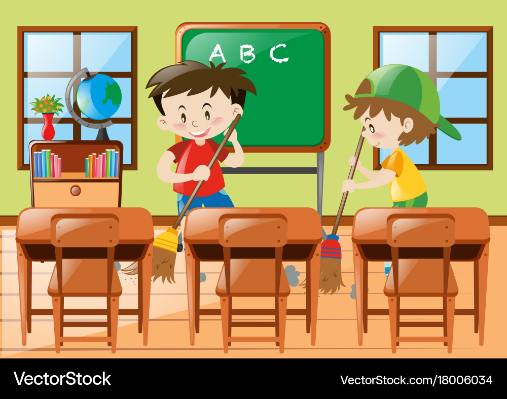 Two boys cleaning the classroom – Royalty-Free Vector | VectorStock, image size:1000x787