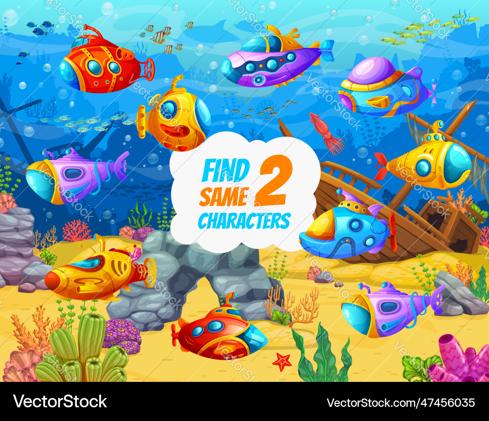 Find correct shadow game with cartoon submarines Find correct shadow game with cartoon submarines vector image