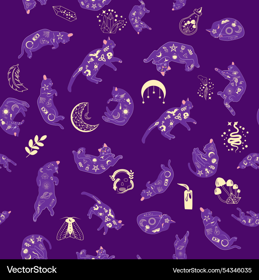 Mystical seamless pattern of cats in boho style Vector Image