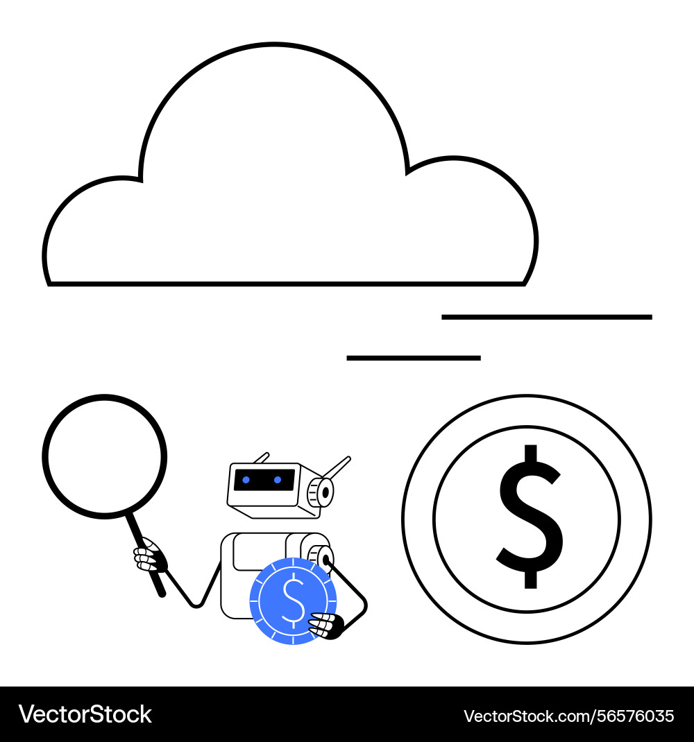 Robot analyzing cloud data and currency for Robot analyzing cloud data and currency for vector image