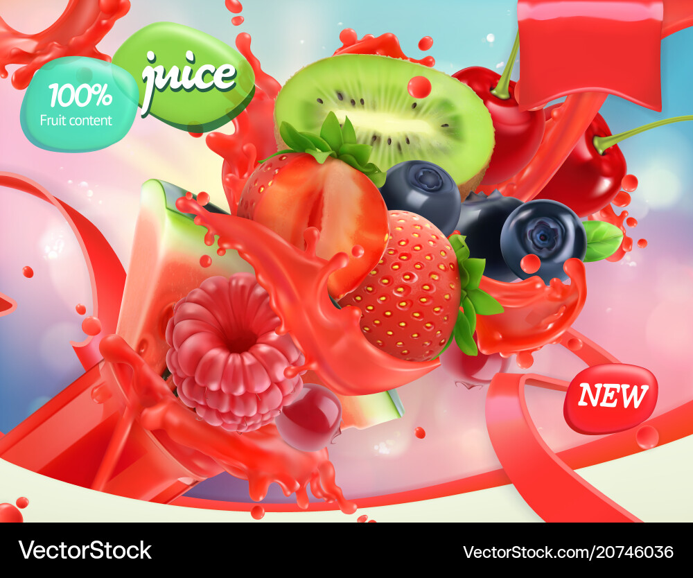 Mix fruits and berries splash of juice strawberry vector image