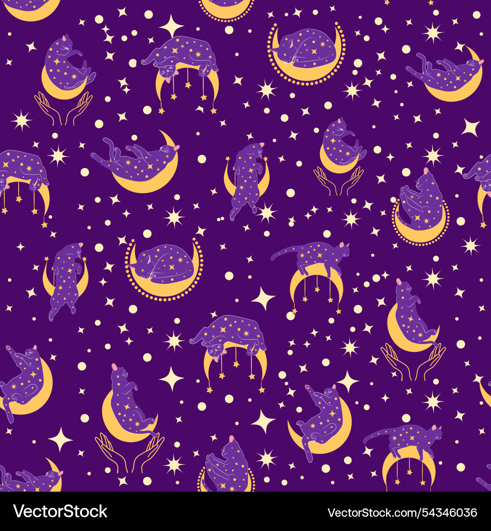 Mystical seamless pattern of cats in boho style Mystical seamless pattern of cats in boho style Vector Image