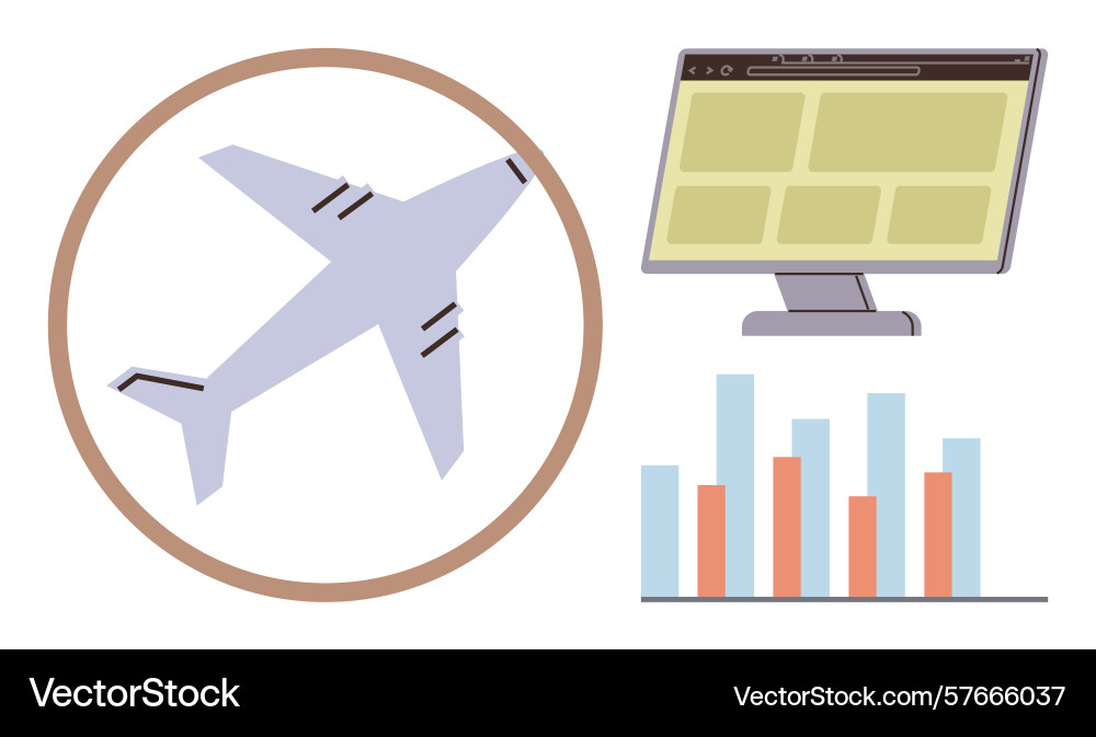 Airplane with analytics and monitor representing Airplane with analytics and monitor representing vector image