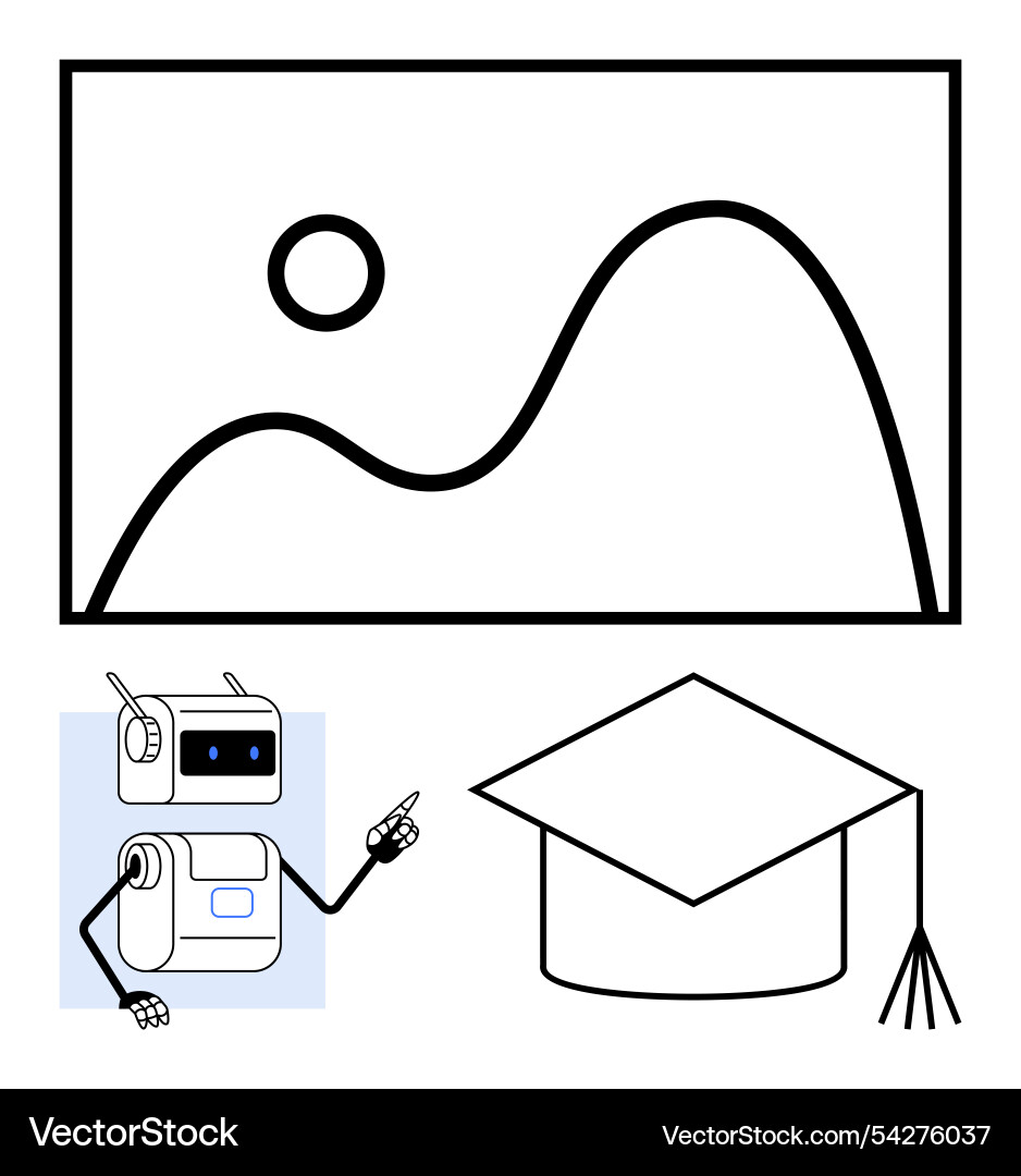 Robot teacher pointing at line graph Robot teacher pointing at line graph vector image