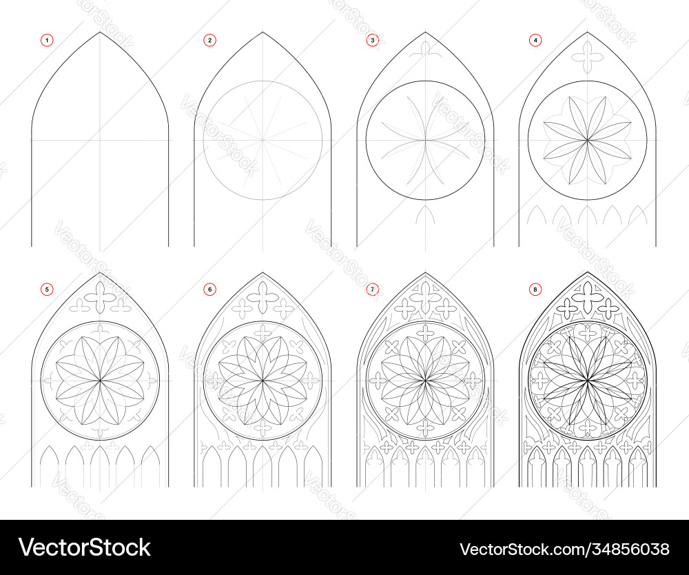How to draw step-wise sketch gothic stained How to draw step-wise sketch gothic stained vector image