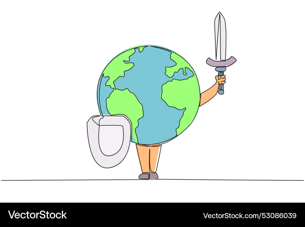 Continuous one line drawing globe holds a shield Continuous one line drawing globe holds a shield vector image