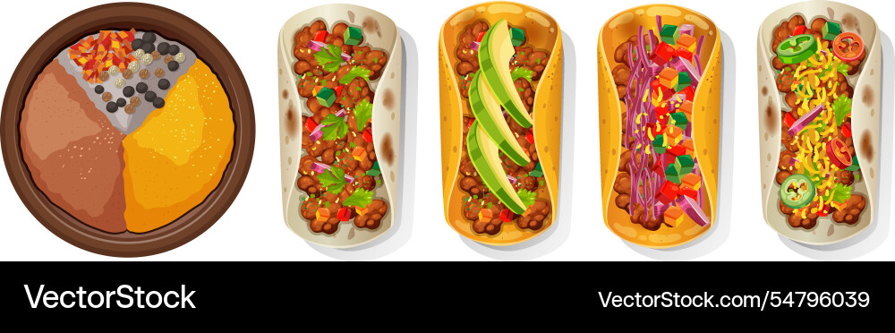 Tacos und Bohnen mit vibrierenden Toppings Tacos und Bohnen mit vibrierenden Toppings vektorbild