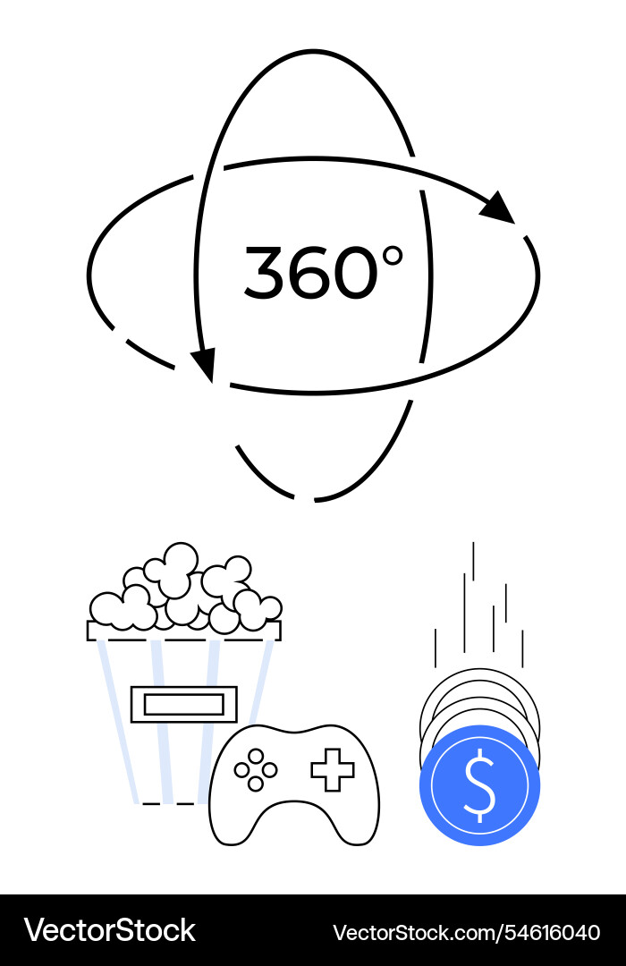 Interactive 360-degree experience with popcorn Interactive 360-degree experience with popcorn Vector Image