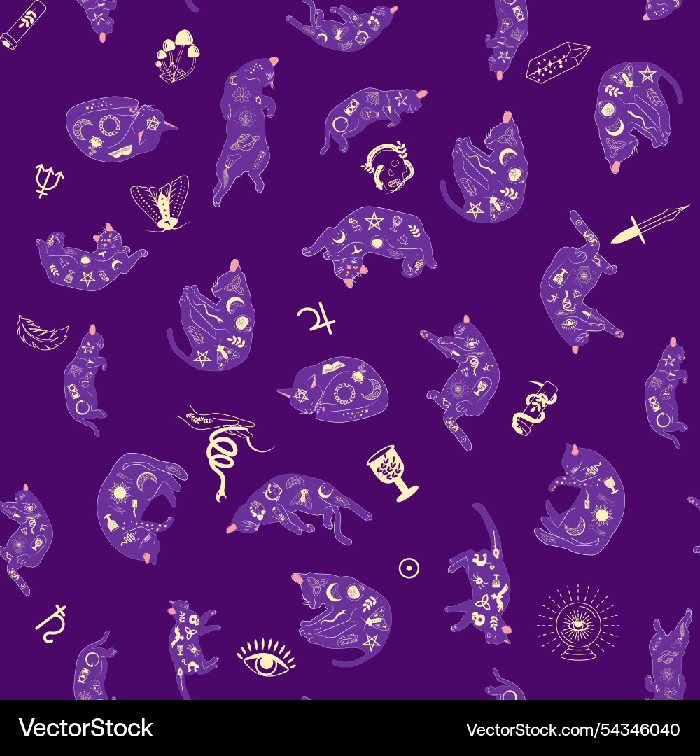 Mystical seamless pattern of cats in boho style Mystical seamless pattern of cats in boho style vector image