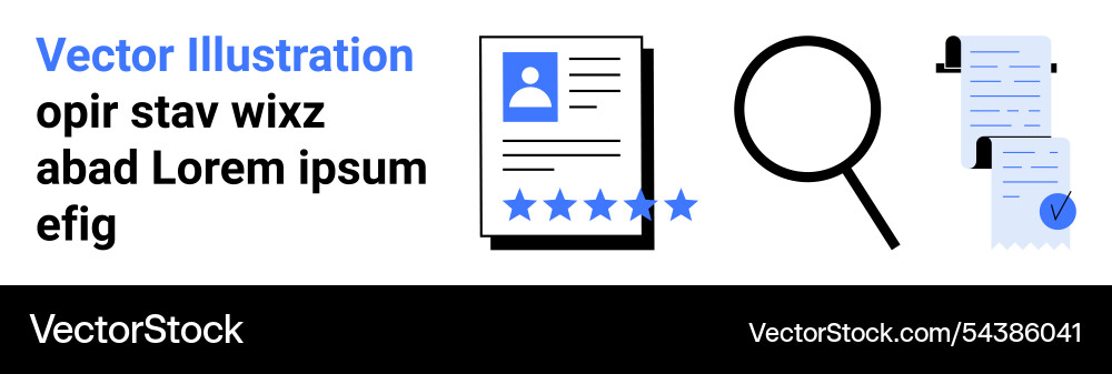 Document review and evaluation with magnifying Document review and evaluation with magnifying Vector Image
